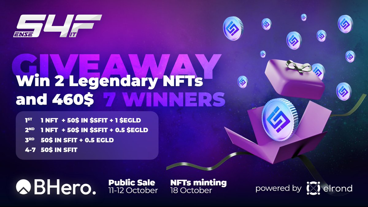🎁MASSIVE #ELROND #GIVEAWAY 🎁

In partnership with <a href="/sense4fit/">Sense4FIT</a> &amp; <a href="/BHeroLaunchpad/">BHero - Crypto Launchpad</a> we're giving away🔥:

🥇1 #NFT + 1 $EGLD + 50$ in $SFIT
🥈1 #NFT + 0.5 $EGLD + 50$ in $SFIT
🥉0.5 $EGLD + 50$ in $SFIT

✅Just:

1️⃣Follow <a href="/sense4fit/">Sense4FIT</a> &amp; <a href="/BHeroLaunchpad/">BHero - Crypto Launchpad</a> &amp; me
2️⃣ RT &amp; tag 3 friends