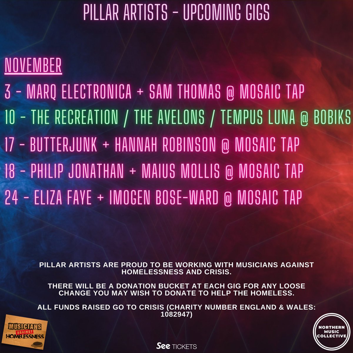 PillarArtists's tweet photo. We're proud to be working again with Musicians Against Homelessness to raise funds for the charity Crisis (registered charity numbers: E&amp;W1082947, SC040094) 🥰

With the energy crisis + cold winter months taking hold we need to look out for each other as much as possible❤️ https://t.co/DoUY3dGEW4
