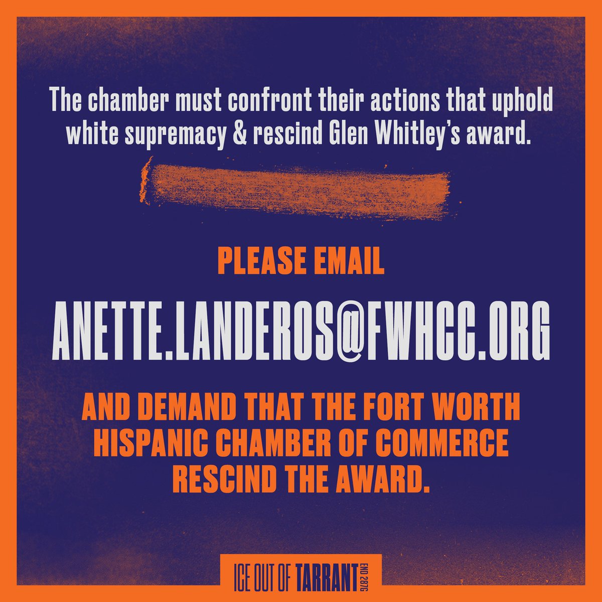 IceoutofTarrant's tweet photo. @fwhcc must confront their actions that uphold white supremacy and rescind Glen Whitley’s award. 

🚨Please email Anette.landeros@fwhcc.org and demand that the Fort Worth Hispanic Chamber of Commerce rescind the award ‼️ https://t.co/zYa6KlKbfA
