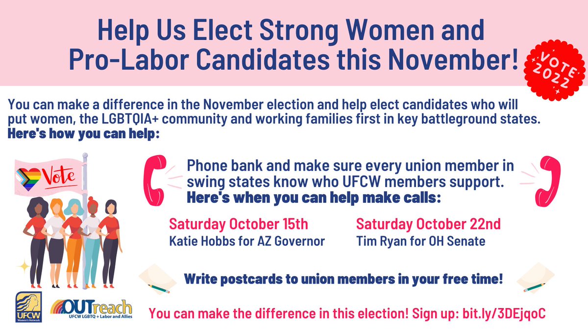 We need YOU! Join <a href="/UFCWwomen/">UFCW Women's Network</a> &amp; <a href="/UFCWOUTreach/">UFCW OUTreach</a> to get out the vote in crucial swing states such as AZ &amp; OH this election! 
Sign up to help phone bank with your cell phone Saturday 10/15 and 10/22: docs.google.com/forms/d/1Jw0dw…