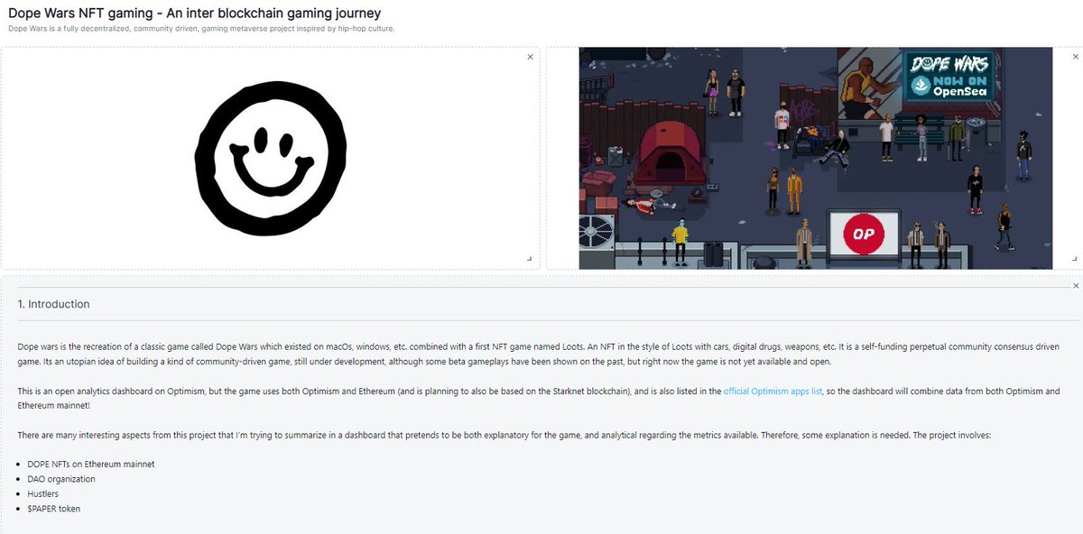 1/ This last couple of days I've stumbled across an awesome NFT/Gaming project on <a href="/ethereum/">Ethereum</a> and @optimismFND, which is @TheDopeWars. 

Curious to how this project was active and motivated, I decided to dig into some date through <a href="/flipsidecrypto/">Flipside 📈🤖</a>.