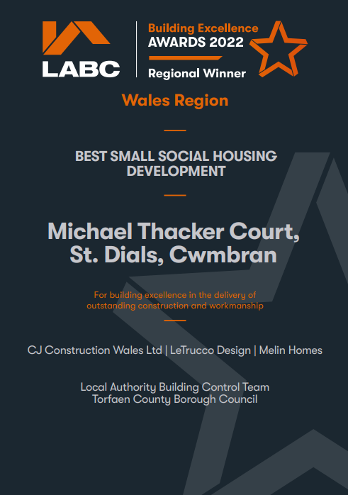 We have a winner!  LABC Building Excellence Awards 2022 Wales.   
Letrucco Design are delighted to receive this award for best small social housing development.  
Superb effort from all involved!  
<a href="/MelinHomes/">MelinHomes</a> <a href="/CJCWales/">CJ Construction</a>