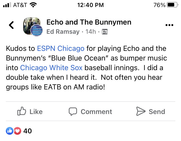 soxogram's tweet image. ⁦@ESPN1000⁩ Facebook Echo and the Bunnymen fans salute you…