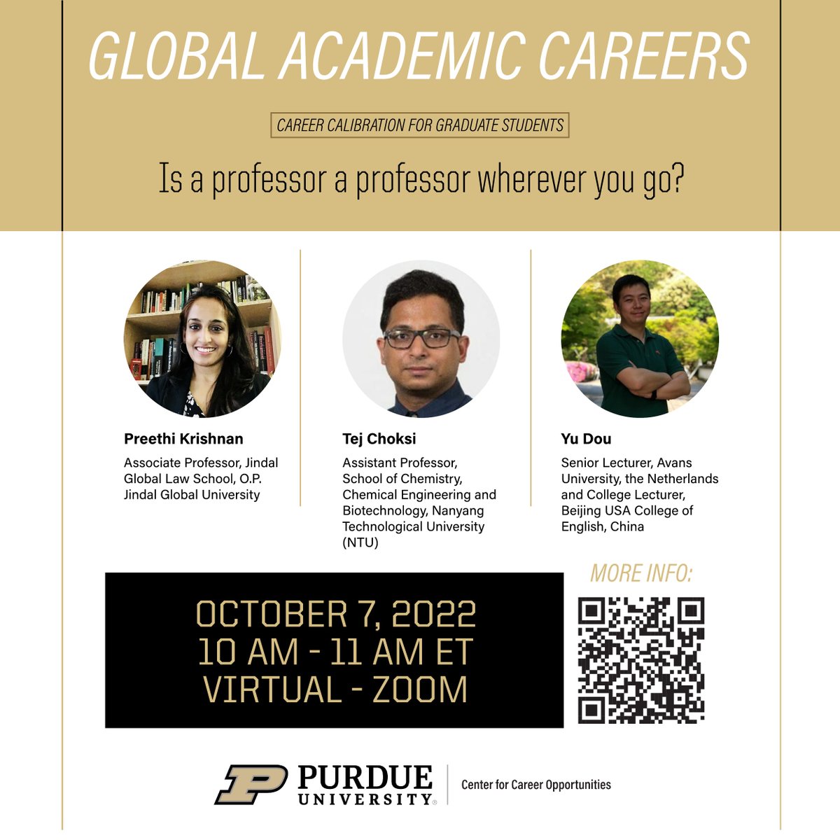 GradProfCareers's tweet photo. Join #GradPurdue alumni Preethi @GradSocPurdue &amp; @tejchoksi @PurdueChemE &amp; current student Yu @purduedepthist to learn about faculty life outside the U.S.! They have past or current experience in China, India, the Netherlands &amp; Singapore. Register: https://t.co/ZW9vNDsBUm https://t.co/0kotaQqCXY