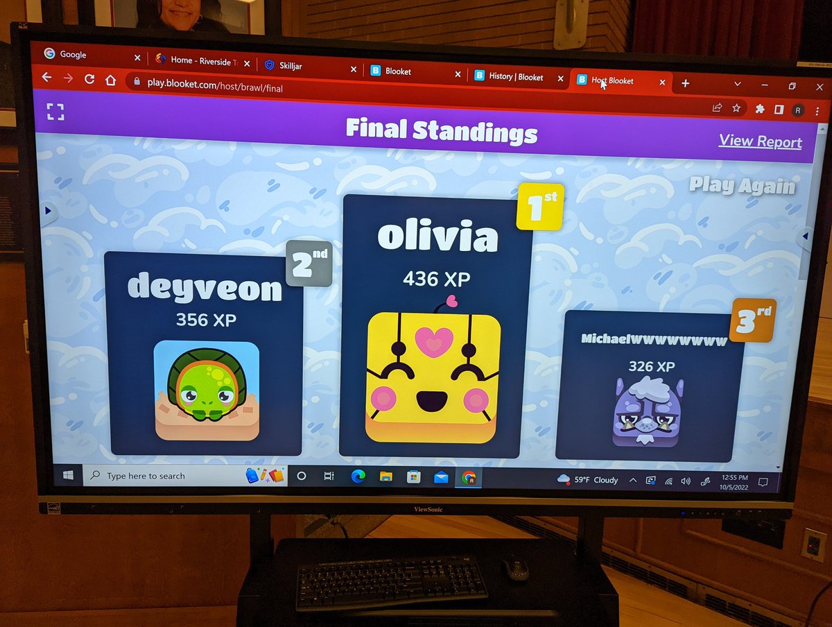 Elizabeth Follis (@lessons_by_liz) on Twitter photo Our Sept <a href="/J_Renaissance/">Jostens Renaissance</a> <a href="/drphilcampbell/">PC πΈπ€π½</a> school-wide activity, we held a "Blook" party. "Easter eggs" hints were hidden in our daily bulletin. 3 winners at each grade level to win a Riverside Trivia <a href="/PlayBlooket/">Blooket</a> went onto a championship π round for gc prizes! #PlayLAP #LeadLAP Our Sept <a href="/J_Renaissance/">Jostens Renaissance</a> <a href="/drphilcampbell/">PC πΈπ€π½</a> school-wide activity, we held a "Blook" party. "Easter eggs" hints were hidden in our daily bulletin. 3 winners at each grade level to win a Riverside Trivia <a href="/PlayBlooket/">Blooket</a> went onto a championship π round for gc prizes! #PlayLAP #LeadLAP