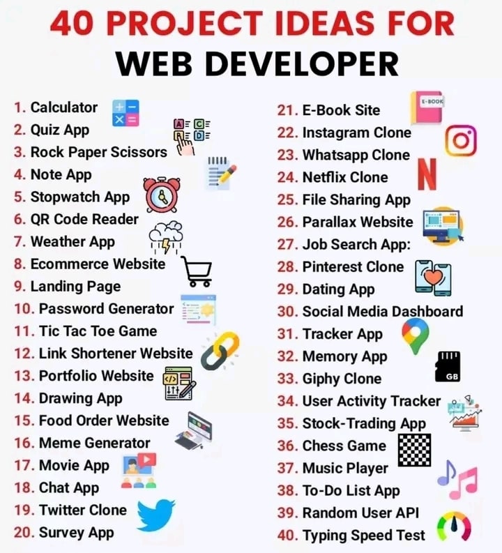 FafnirCoder's tweet image. 40 Project ideas for Developer, programmer! Please like for improvement ❤
#programming
#coding #fafnir #software #informationtechnology #java #python #HTML #css #netflix #github #react #website #coders #developers #javascript #hack #hacking #html #URL #LifeHack #Ideas #project
