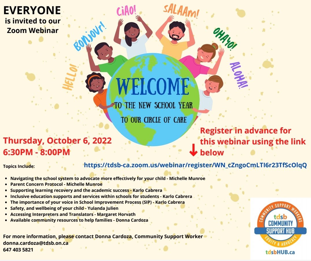 TDSB_CSW's tweet photo. 💻Welcome to the New School Year - FREE Zoom Webinar

Thursday October 6th, 2022 from 6:30PM to 8:00PM

Register in advance using the link below 
https://t.co/jUSVm8bFBA…

For more information, email Donna.Cardoza@tdsb.on.ca

Please share with your families. ALL are welcome. https://t.co/e6yKJIzcaq