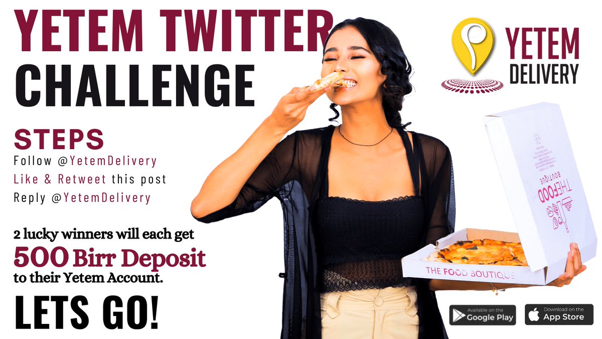 Our first of many to come twitter challenge has started!

2 lucky winners will win 500 Birr deposit to their Yetem account. All you have to do is follow <a href="/YetemDelivery/">Yetem Delivery</a> , like &amp; retweet this post &amp; reply saying <a href="/YetemDelivery/">Yetem Delivery</a> . 

Let’s get it started!