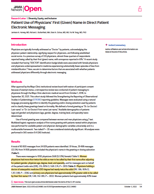 They finished 4-years of undergrad, 4-years of medical school, endured 3-7 years of residency (some going on to get other degrees!), work 50-90 hrs a week...

and you still can't call female physicians "Doctor" when you email or send them a message?

jamanetwork.com/journals/jaman…