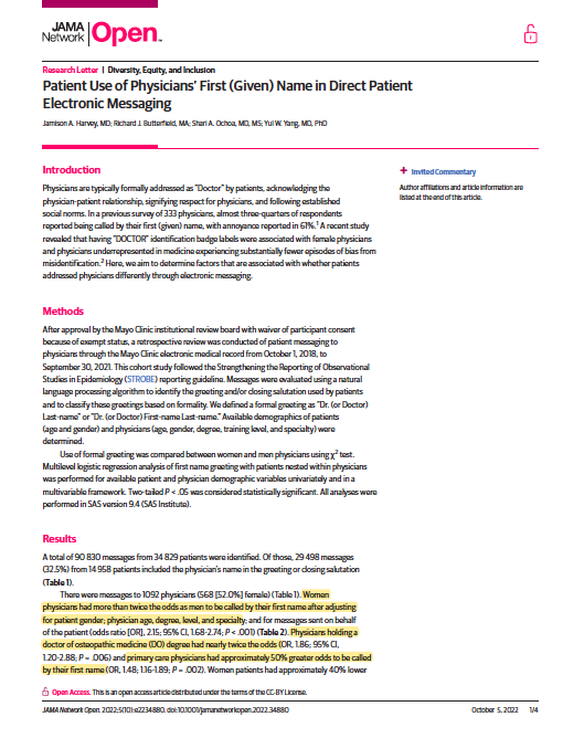 They finished 4-years of undergrad, 4-years of medical school, endured 3-7 years of residency (some going on to get other degrees!), work 50-90 hrs a week... and you still can't call female physicians 'Doctor' when you email or send them a message? jamanetwork.com/journals/jaman…