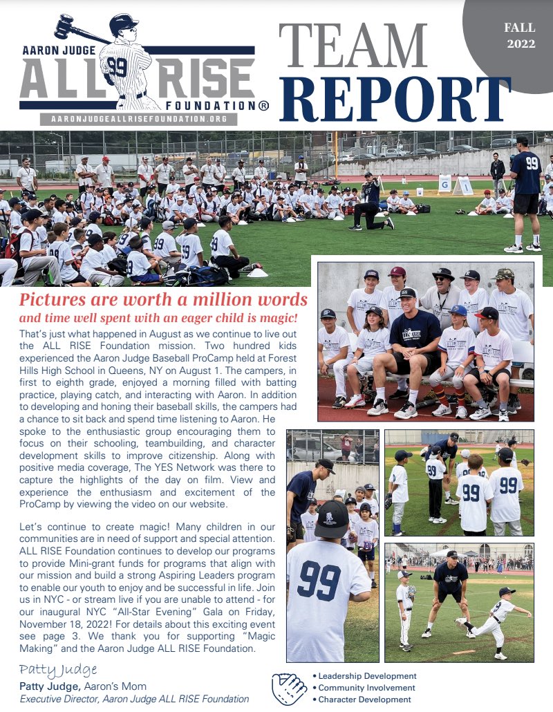 Our fall team report has dropped. Hear the latest from our founder .@TheJudge44 and from our executive director Patty. You can read more website, link in bio. #ALLRISE aaronjudgeallrisefoundation.org/news-1/2022/10…