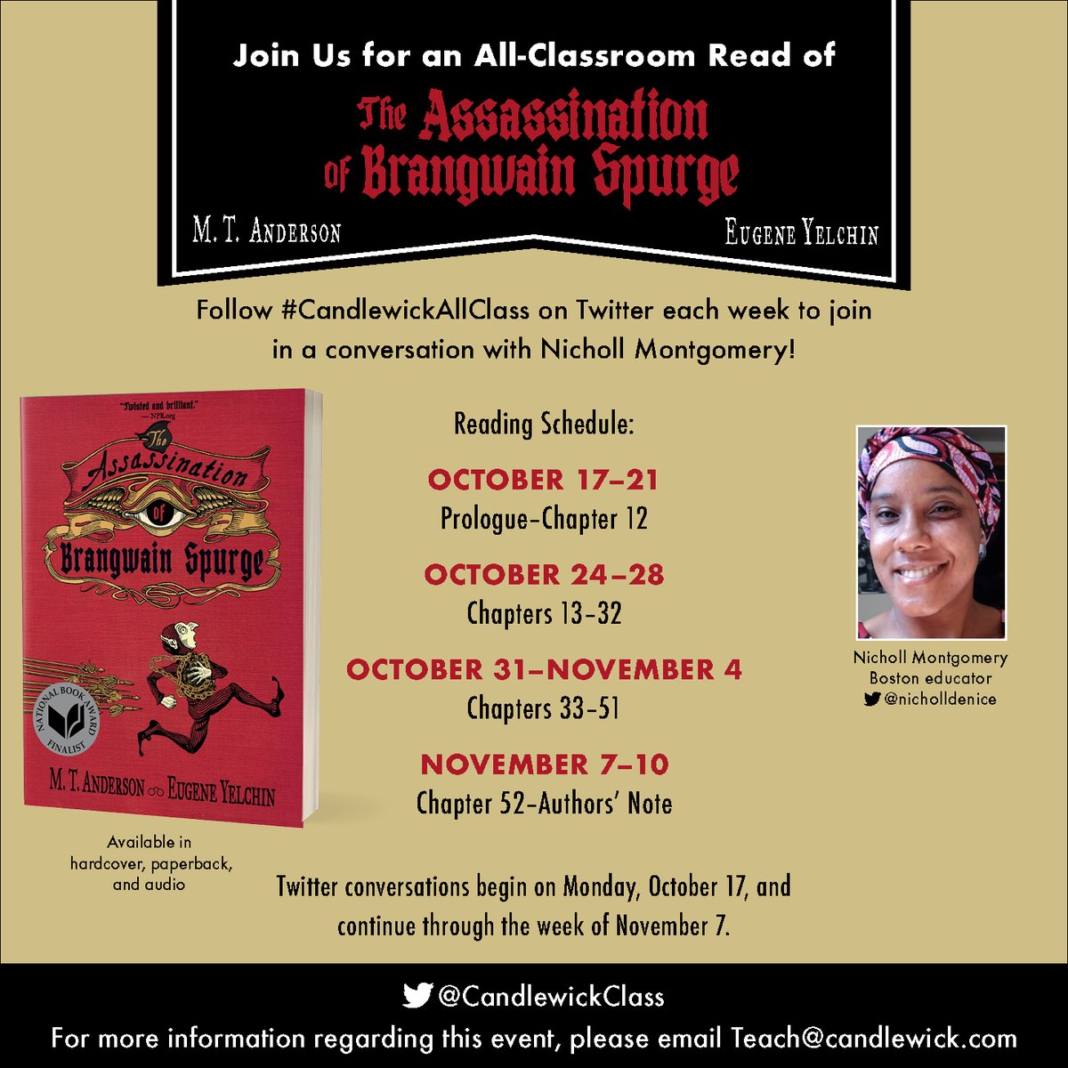 Join us for our third year of the #CandlewickAllClass read along! We will be reading THE ASSASINATION OF BRANGWAIN SPURGE by <a href="/_MTAnderson/">M. T. Anderson</a> and <a href="/EYelchin/">Eugene Yelchin</a>. 

Join in the conversation on Twitter with <a href="/nicholldenice/">Nicholl Denice</a> beginning on Monday, October 17!

More info: mailchi.mp/candlewick.com…