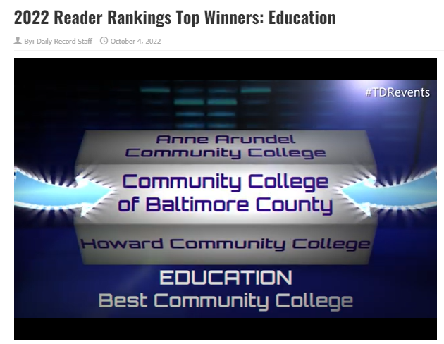CCBCMD's tweet photo. Congratulations to CCBC for being named the #1 Community College in @MDDailyRecord’s 2022 Reader Rankings! Thanks to everyone who voted for us. #CCBCProud https://t.co/hAgxfpFGXO