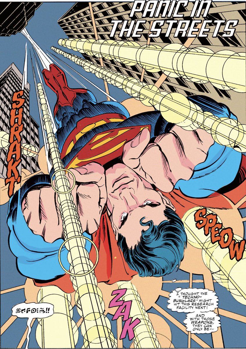 SupermanIn1990s's tweet photo. #Superman #DailyComicPanel from The #ManOfSteel 12 (Jun ‘92) T: 1992 - 21) by @LouiseSimonson2 @JonBogdanove @HilaryBarta &amp; @glenn_whitmore Opening splash to the issue! Talk about a great way to pull the reader straight into the action! https://t.co/eSjzjpq0CF