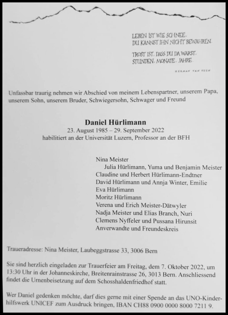I'm distraught &amp; mournful over the passing of one of Europe's most revered early-career law profs. I saw <a href="/DHuerlimann/">Dⓐniel Hürlimann</a> (23.8.1985–29.9.2022) inspire many young scholars since we met <a href="/Open_Con/">OpenCon</a> 2015.
His family asks for commemorative donations to <a href="/UNICEF/">UNICEF</a>: CH88 0900 0000 8000 7211 9.