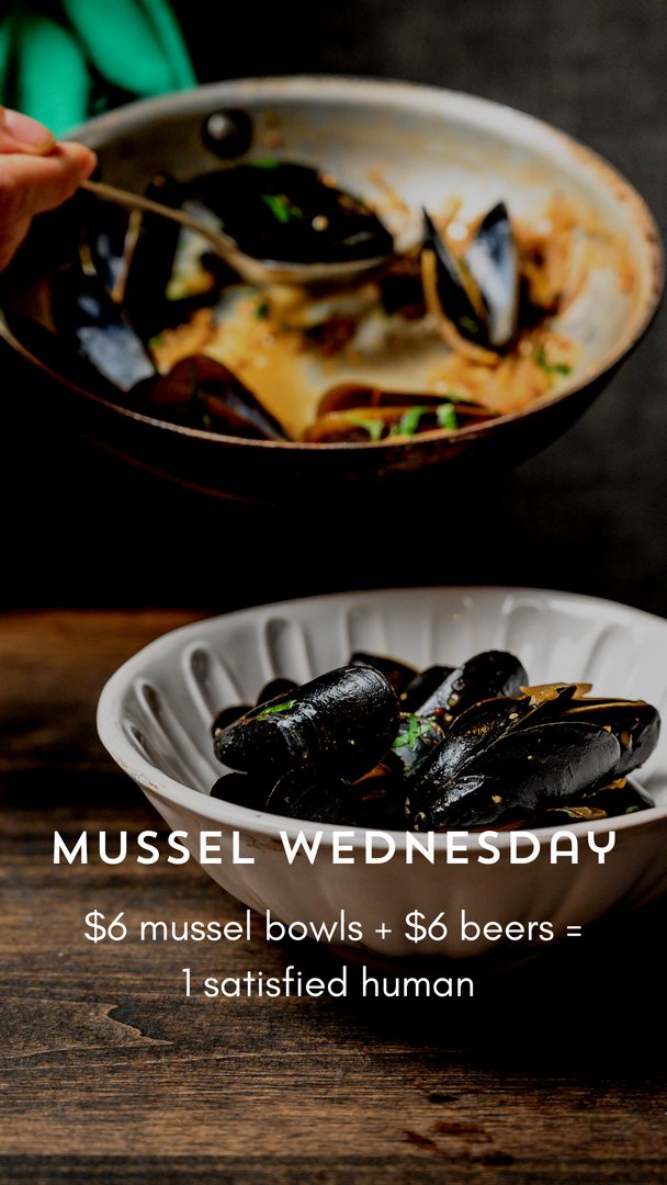 Every Wednesday we offer Mussel Wednesday. $6 mussel bows with 3 different flavours and $6 beers. All delicious and all for you! See you at the pub.