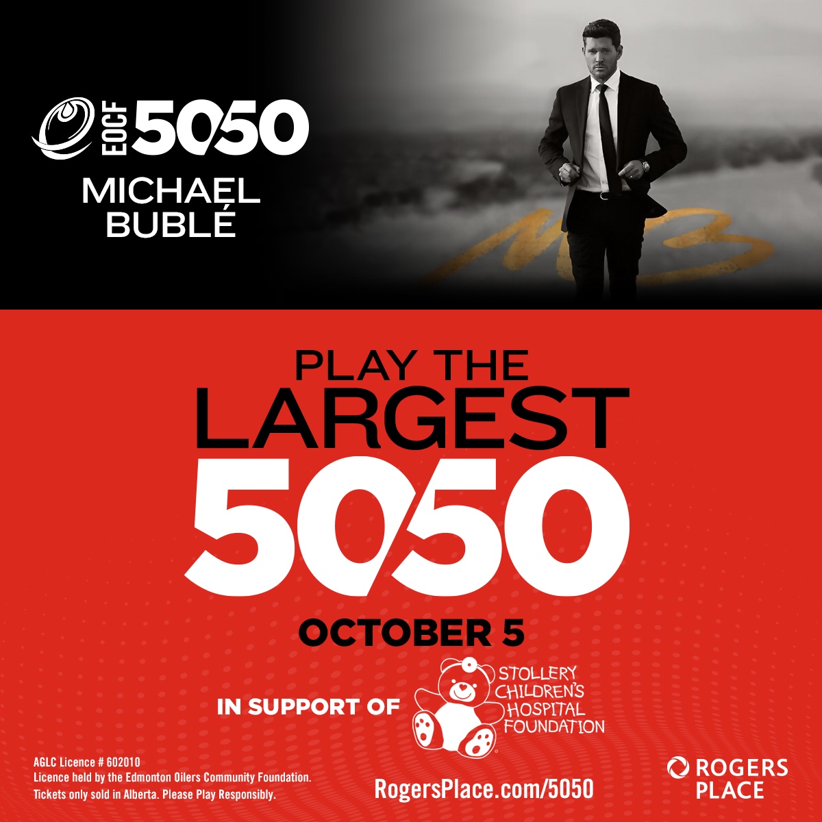 The @Oil_Foundation will be hosting a special 50/50 raffle for tonight’s @MichaelBuble concert!⁠ ⁠ Ticket sales are open until 11 PM MT. This raffle is in support of @stollerykids. Play now: RogersPlace.com/5050TW