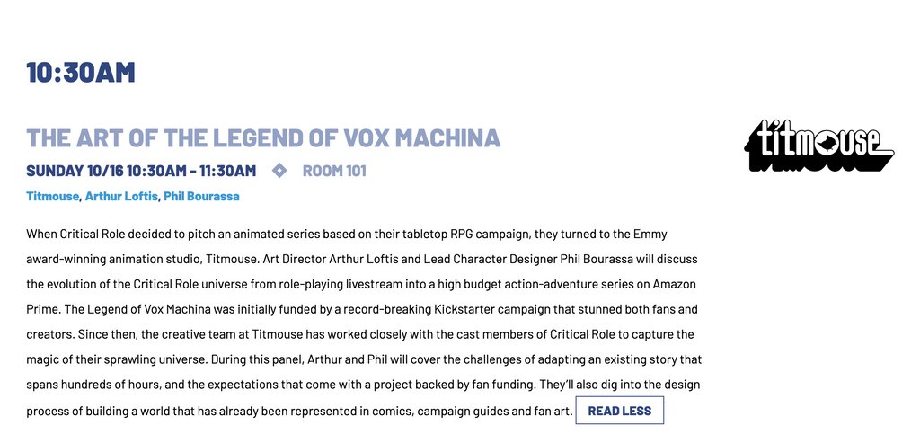 .@CriticalRole's the Legend of Vox Machina is coming to @LightBoxExpo! Art Director @arthurjloftis & Lead Character Designer @phil_bourassa will be speaking on the THE ART OF THE LEGEND OF VOX MACHINA panel, **SUNDAY 10/16 10:30AM - 11:30AM in ROOM 101** 2022.lightboxexpo.com/schedule/