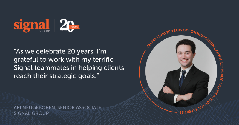 signalgroupdc's tweet photo. As Signal celebrates its 20th anniversary, our team will share our perspectives on the company's two decades of serving clients. Senior Associate of Communications Ari Neugeboren shares his thoughts on #Signal20: