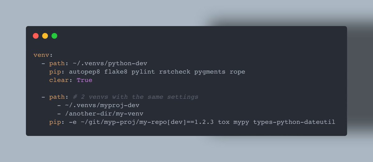pypyr (@pypyrpipes) on Twitter photo 📣pypyr release 5.6!🎉
Create venvs from declarative yaml or toml.
And it's faaaast!🏎️🌬️venv creation is in parallel, so if your old venv creation scripts take forever to run...
With thanks to <a href="/takluyver/">Thomas Kluyver</a> for the excellent flit - pypyr's new build system!
pypyr.io/updates/releas… 📣pypyr release 5.6!🎉
Create venvs from declarative yaml or toml.
And it's faaaast!🏎️🌬️venv creation is in parallel, so if your old venv creation scripts take forever to run...
With thanks to <a href="/takluyver/">Thomas Kluyver</a> for the excellent flit - pypyr's new build system!
pypyr.io/updates/releas…