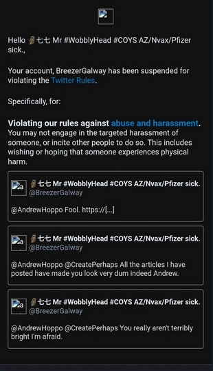 tis_innit's tweet photo. 1/3
@TwitterUK @TwitterSupport
Case 0290324121, 0289793631, 0287933904.
Account @breezergalway
They have asked me to reach out as the appeals are clearly not being looked at correctly.
Reason for suspension left, actual posts right https://t.co/XhZSuoxjSA