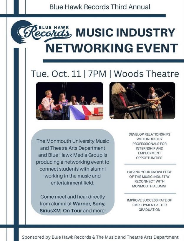 MUSIC INDUSTRY NETWORKING EVENT🎶🎵 Join us Tuesday, October 11th, 7pm at Woods Theatre! <a href="/monmouthu/">Monmouth University</a> #MonmouthUniversity #MusicIndustry #Networking