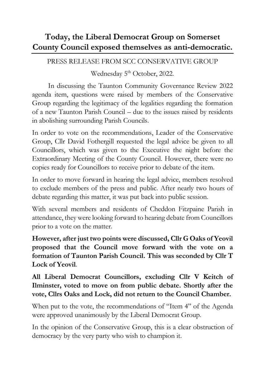 On a key discussion at #Somerset County Council today,  which is looking at democracy in #Taunton and the surrounding areas, the ruling Lib Dems passed a motion to stop any further debate on the creation of a Town Council and the abolishment/shrinking of 4 parish councils.