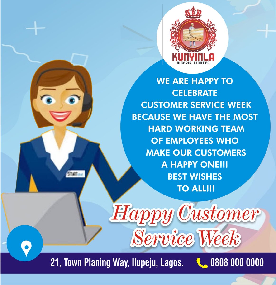 abike_biodun's tweet photo. From all of us at Kunyinla Nigeria limited, 

We wish you a Happy Customer Service week

Each day, each effort counts in having a big pool of smiling and satisfied customers…. 
To our amazing employees: You are doing a great job….. Thank you for your great service https://t.co/fgZq1mKAWO