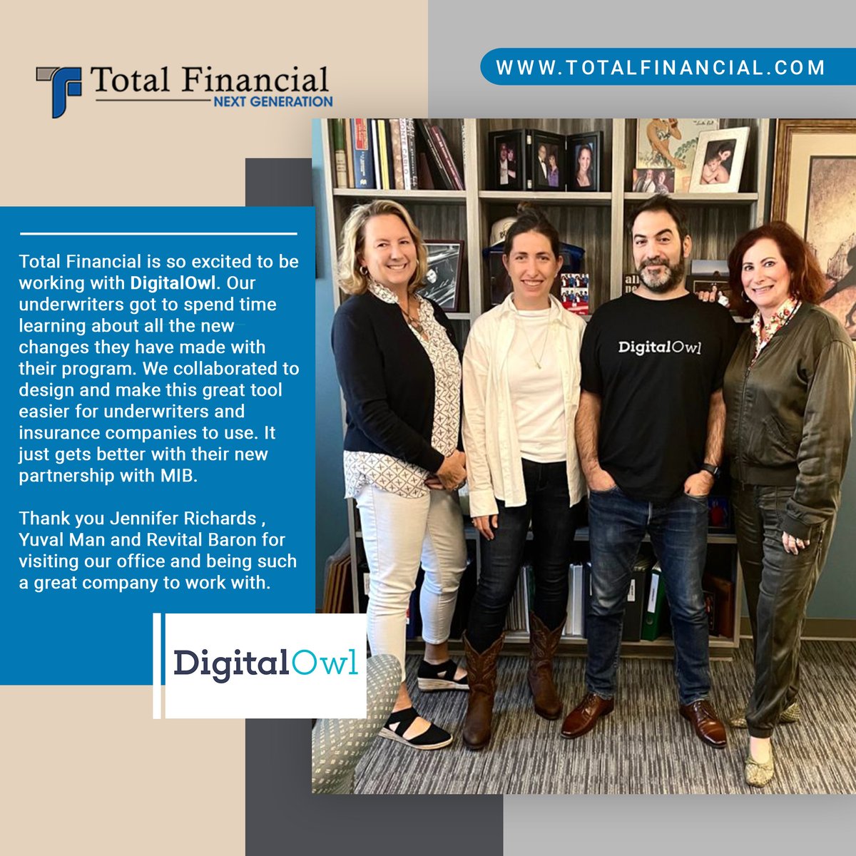 TotalFinancial's tweet image. We are excited to work with @DigitalOwl_AI. Our underwriters got to learn about all the new changes they have made to their program. Thank you, Jennifer Richards, Yuval Man, and Revital Baron for visiting our office and being such a great company to work with. 
#lifeassurance