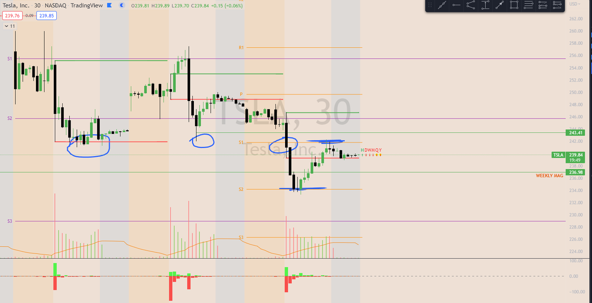 Promii_'s tweet photo. Why do you hear everyone say look left.. Quite evident here, what an easy and simple trade on $TSLA structure break from the lows, and another break with pivots (which I love) bouncing right off S2 🎯 https://t.co/bn49bOtIie