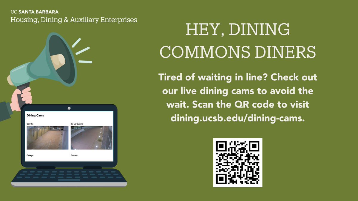 UCSBHousing's tweet photo. π£ Hey #UCSB Dining Commons Diners π½οΈ, are you tired of waiting in line? Check out @ucsbDining's live cams before you head out to eat and skip the line! Scan the QR code to visit https://t.co/Shk2J9fXb0. π
#ucsantabarbara #ucsbdining https://t.co/rZ6gmX0Is8