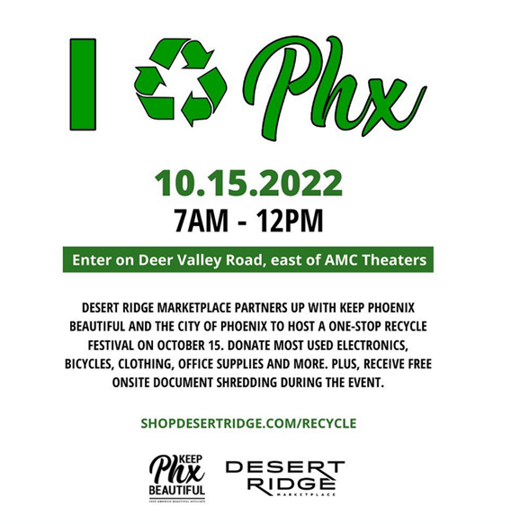 KPB_AZ's tweet photo. Back and better than ever! ♻️
That's right! #IRecyclePHX is back in action on Oct. 15 at @shopdesertridge. Join us from 7am to 12pm to responsibly dispose of &amp; recycle goods. 
Just click on this link for a list of acceptable items.⬇ 
https://t.co/KjakUipuM7
See you there! https://t.co/c6LHFqBre5