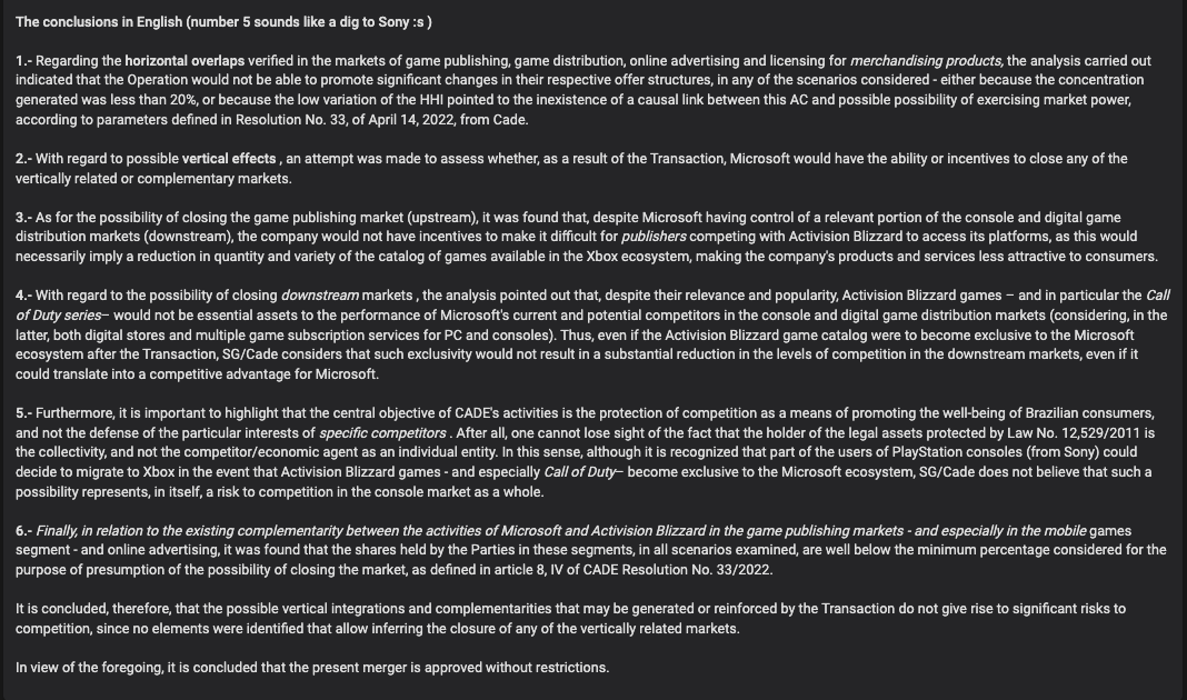 Tom Warren on X: Brazil's competition regulator, CADE, has approved Microsoft's  Activision Blizzard acquisition without restrictions. It says the decision  was made for Brazilian consumers, and “not the defence of the particular