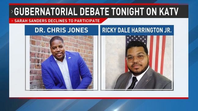 KATVNews's tweet photo. 🗳️ Our #Arkansas gubernatorial debate featuring @ArkDems nominee Chris @JonesForAR and @LPArkansas nominee @RickDHarrington Jr. starts right now. (@ARGOP nominee @SarahHuckabee Sanders declined to participate.) WATCH: https://t.co/JOw03CO2Vc | #arnews #arpx #argov https://t.co/bS36R1fzYu