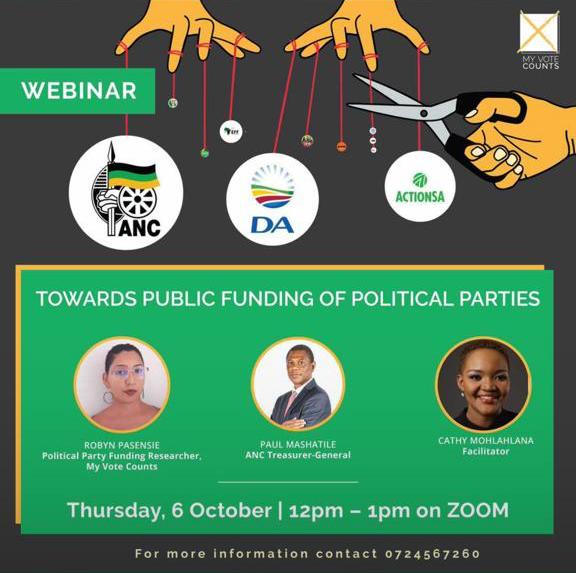 The @MVC_SA hosts a webinar focusing on #PoliticalPartyFunding   tomorrow, 06 October 2022 at 12h00 to 13h00, to be facilitated by @CathyMohlahlana.

Register and join the conversation as I will be part of the panelists to discuss #PublicFunding in SA.  bit.ly/3SSJtg6
