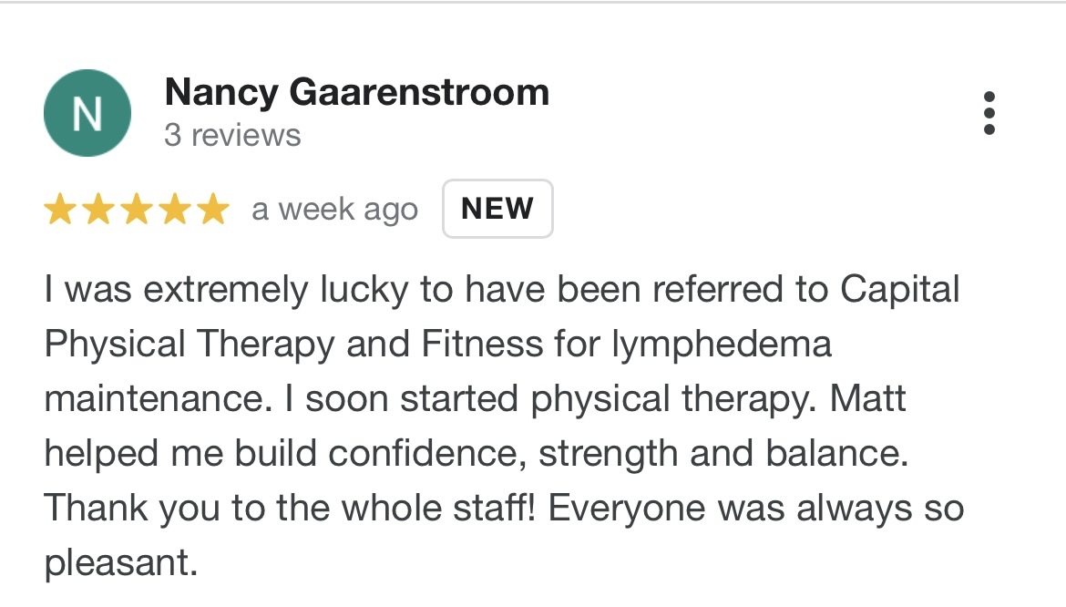 pt_capital's tweet photo. Thanks Nancy! Call us for more information about lymphedema treatment! #CPTAF #GetBetterFaster #physicaltherapy #lymphedema https://t.co/FirfxLBtgv
