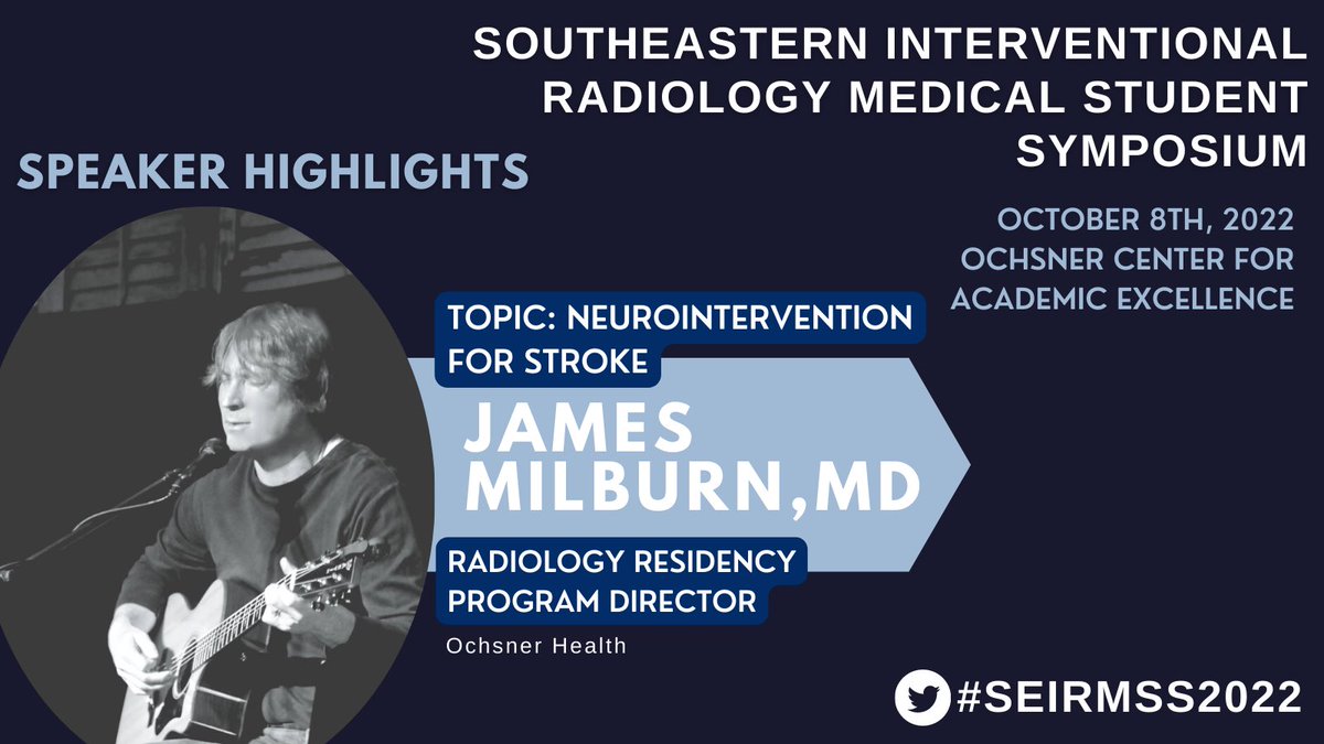 We are excited to feature Dr. James Milburn at #SEIRMSS2022

<a href="/docroc99/">James Milburn MD, FACR, FSNIS, MMM</a> is the PD, Vice Chair of Radiology &amp; Dir. of NeuroIR Services <a href="/OchsnerRads/">Ochsner Radiology</a>. He’s also an Assoc. Editor for <a href="/JNIS_BMJ/">JNIS</a> &amp; mentorship chair <a href="/SNISinfo/">SNIS Info</a> w/ interests in stroke &amp; aneurysm therapy, education &amp; guitar