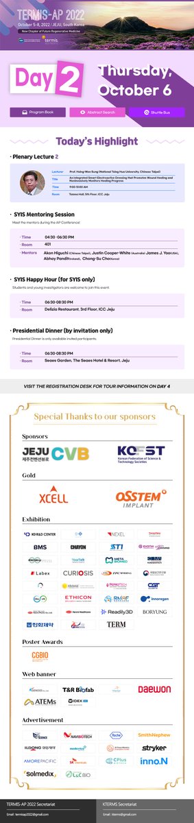 Day2 of TERMIS-AP 2022, See you at the ICC Jeju!
#TERMIS-AP #TERMIS #KTERMS #Regenerative #Medicine #Tissueengineering #Jeju #Plenarylecture