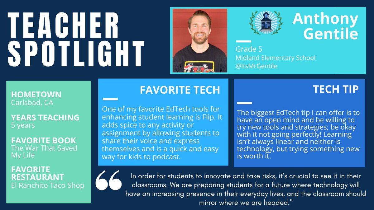 PUSDinnovate's tweet photo. Our first #teacherspotlight of the year features Anthony Gentile @ItsMrGentile from @Midland_PUSD!👏🏻👏🏻
Check out how he uses @MicrosoftFlip to give his students voice 🗣️ in the classroom. #podcasts #PUSDinnovate #edtech https://t.co/TcFabrBnB6