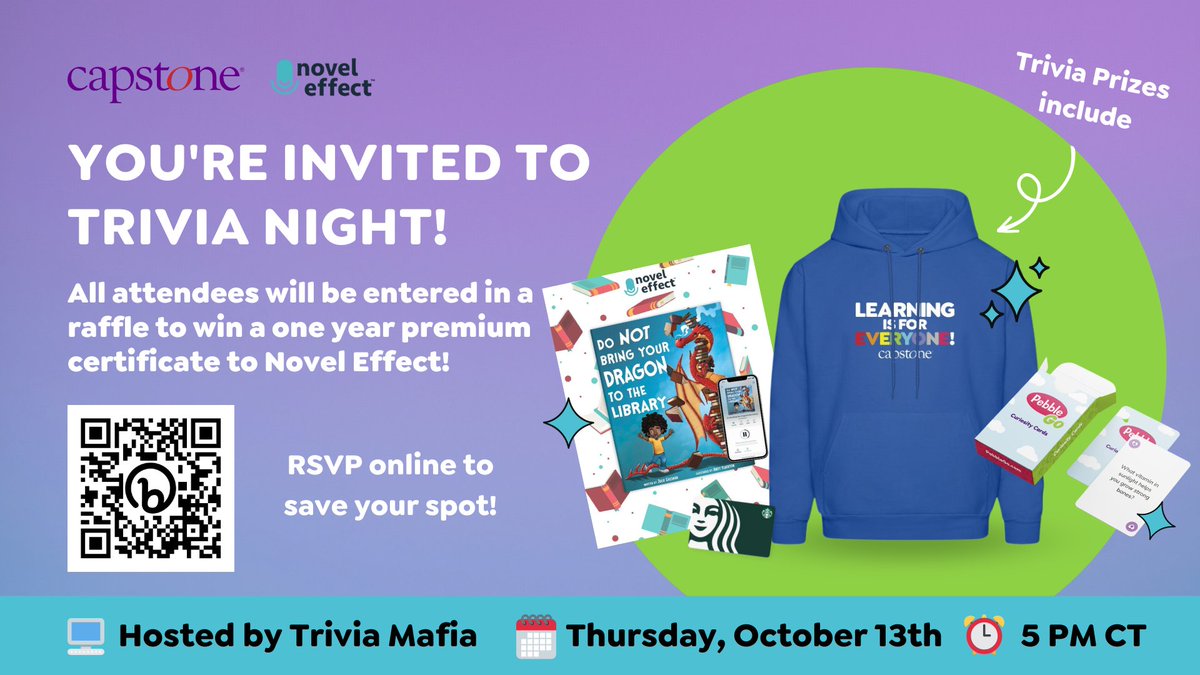 Join us for a ✨ LIVE ✨ Capstone Trivia Event on Thursday, October 13th at 5 PM CT! There will be trivia, prizes, networking, and plenty of fun! <a href="/Novel_Effect/">Novel Effect 📚🎶</a>

Spots are still available. Sign up and tag a friend so they can also join in on the fun! ➝ bit.ly/3M0bZdx