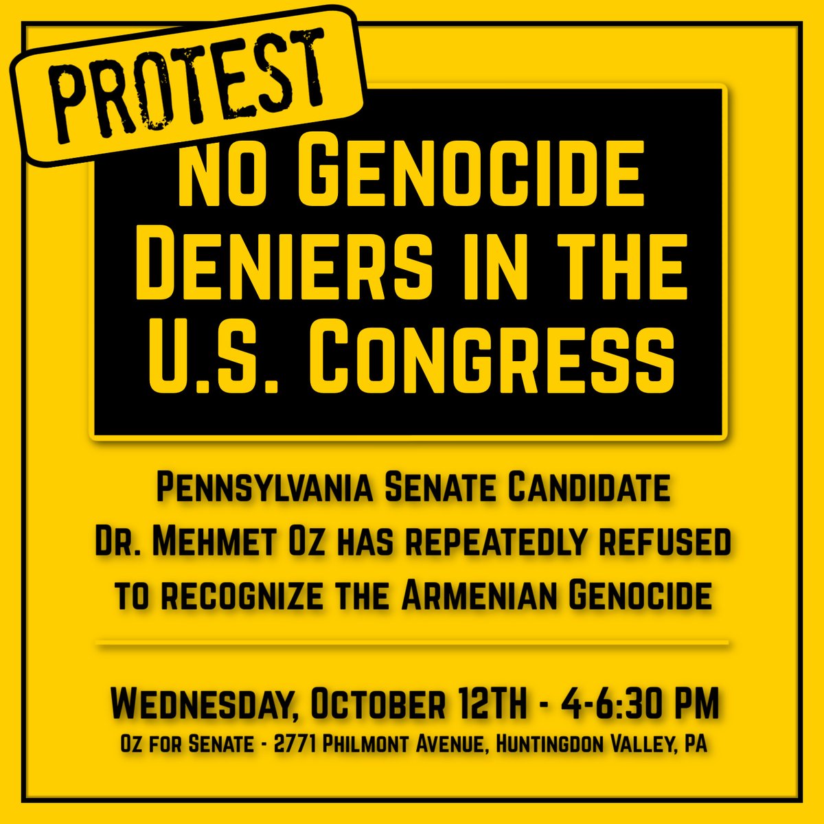 ANCA_DC's tweet photo. Protest: No Genocide Deniers in Congress

Where: Dr. Oz for Senate, 2771 Philmont Avenue, Huntingdon Valley, PA

When: Wednesday, October 12th, 4-6:30 PM https://t.co/seiAPGJbkF