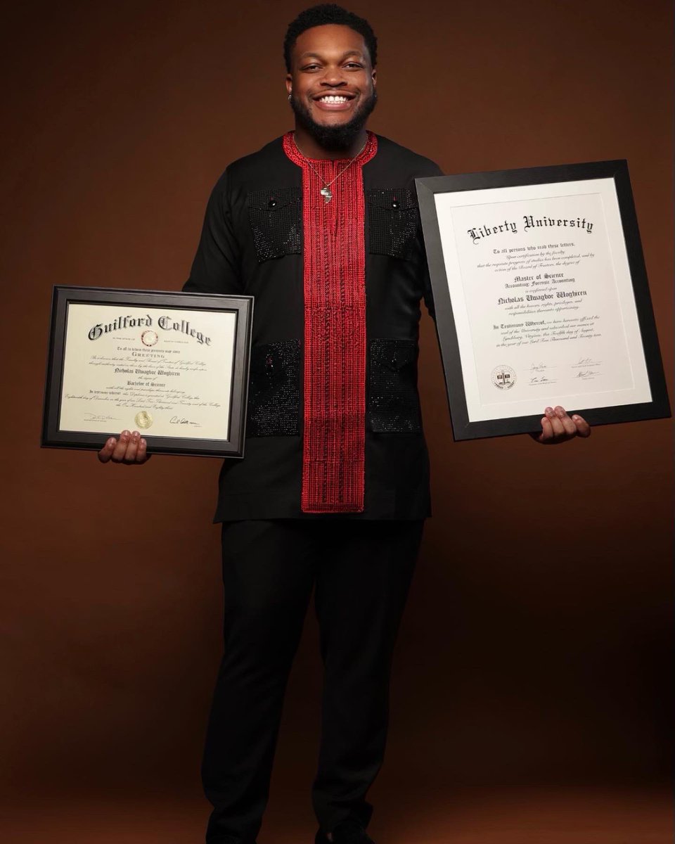 nickwog5's tweet photo. I am proud to say that I was able to finish my post graduate program that was meant for two years in a year. I have officially obtained my Masters in Forensic Accounting! 🎓

Imma always keep ‘em thangs on me 📜

#INoFitCarryLast🇳🇬
#BlackExcellence 
#PHDLoading https://t.co/ZH4hUczUzg