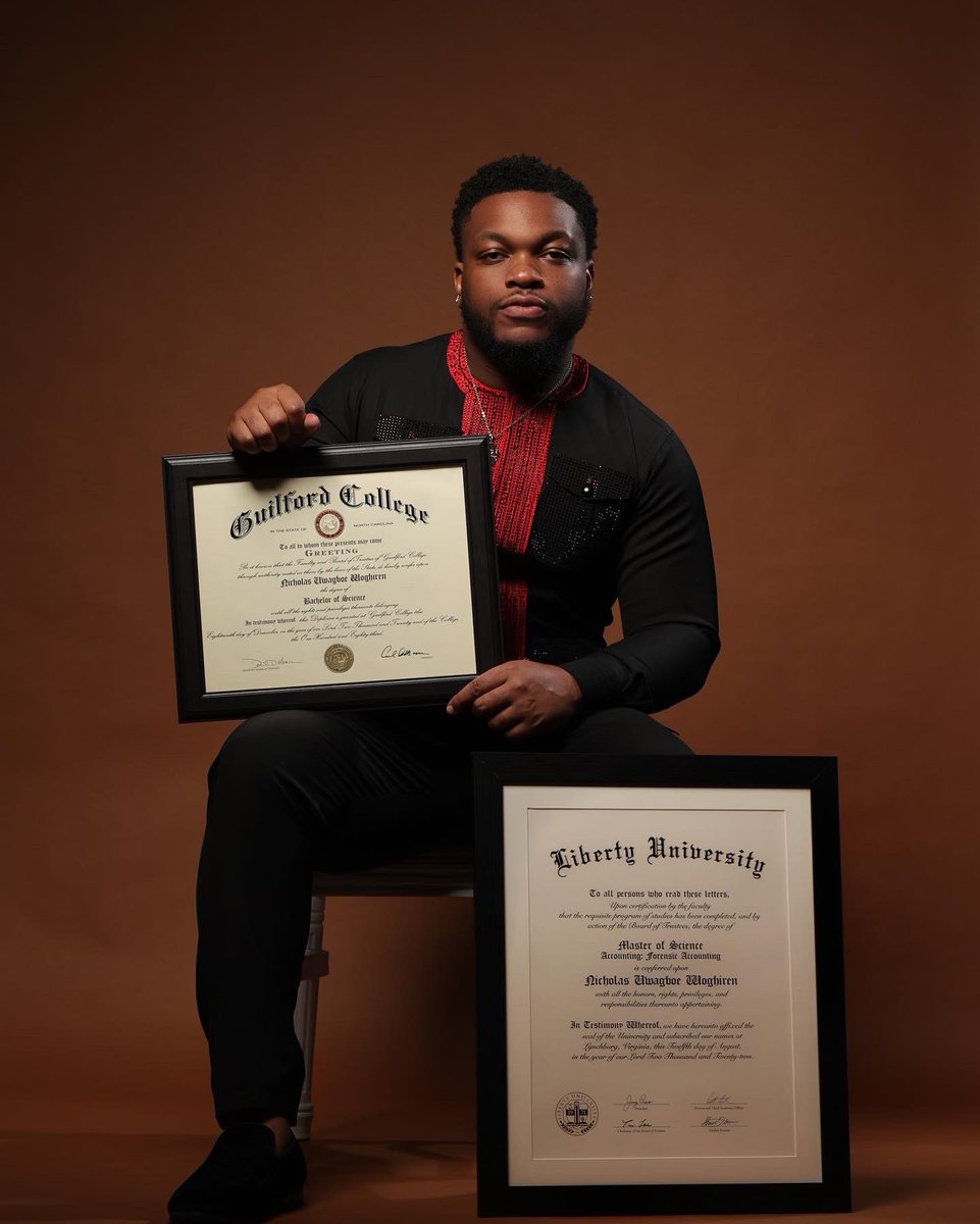 nickwog5's tweet photo. I am proud to say that I was able to finish my post graduate program that was meant for two years in a year. I have officially obtained my Masters in Forensic Accounting! 🎓

Imma always keep ‘em thangs on me 📜

#INoFitCarryLast🇳🇬
#BlackExcellence 
#PHDLoading https://t.co/ZH4hUczUzg