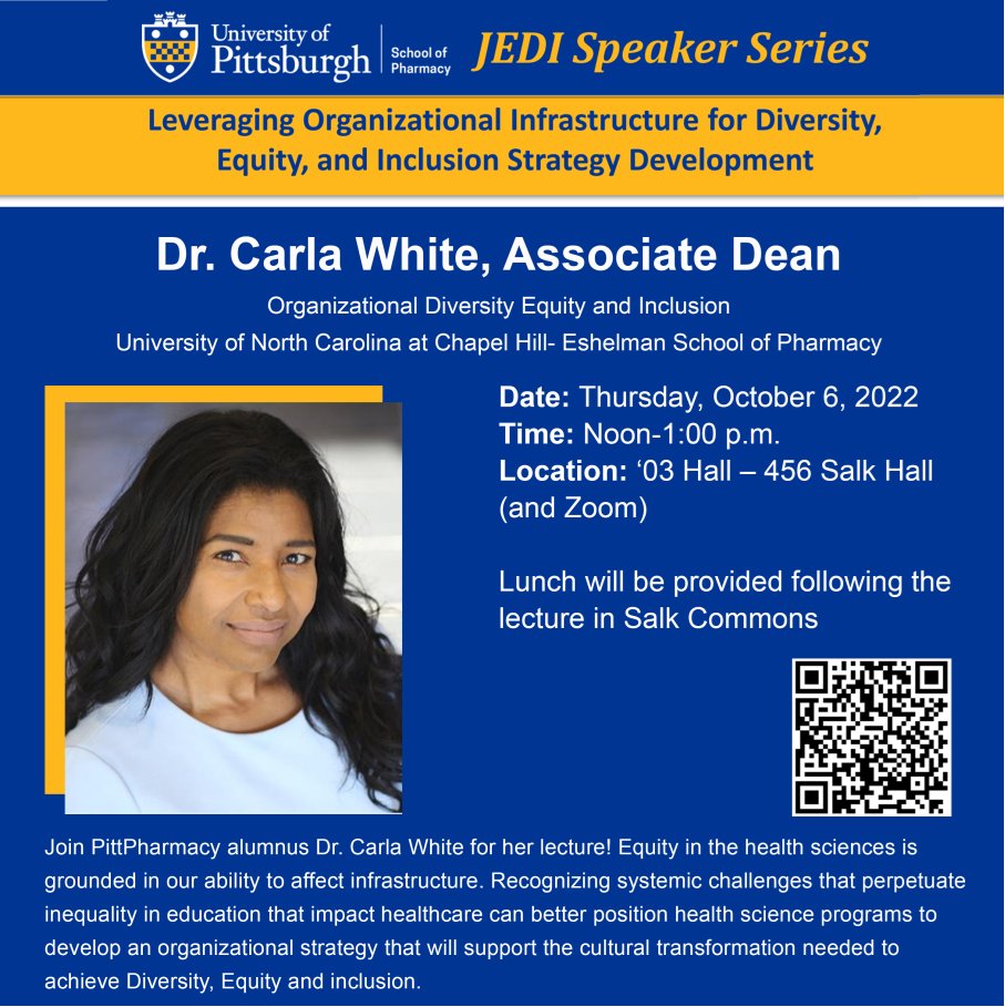 pittpharmacy's tweet photo. Join Pitt Pharmacy alumnus Dr. Carla White for her lecture tomorrow (in-person or on zoom)!π
To register use the QR code below or head to the following link:
https://t.co/m1ghgtqST0
#h2p #pittpharmacy #pitthc22 https://t.co/OLryo2ImVn