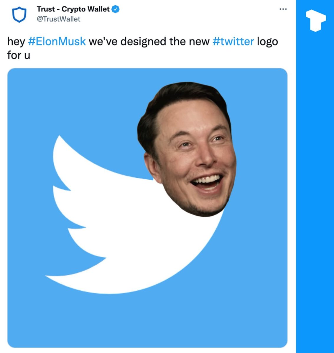 BenjiMoana's tweet photo. Trust Wallet Proposes If Elon Musk Buys Twitter.
Just make a new logo for it https://t.co/JB6G7bLLYx