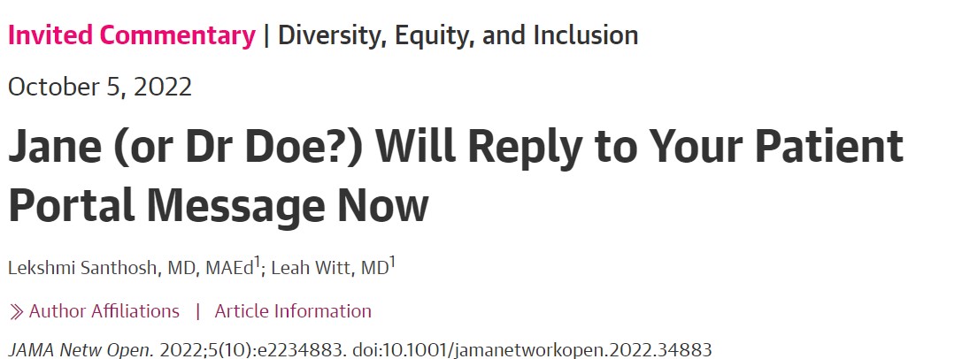 Amy Diehl, Ph.D. (@amydiehl) on Twitter photo Study of 90K messages from patients to physicians finds women physicians more than 2x as likely to be #untitled (addressed by first name) than men physicians. Lending quant evidence to the experience for those of us with prof titles. @LekshmiMD <a href="/LeahJWitt/">Leah Witt, MD</a>
jamanetwork.com/journals/jaman… Study of 90K messages from patients to physicians finds women physicians more than 2x as likely to be #untitled (addressed by first name) than men physicians. Lending quant evidence to the experience for those of us with prof titles. @LekshmiMD <a href="/LeahJWitt/">Leah Witt, MD</a>
jamanetwork.com/journals/jaman…