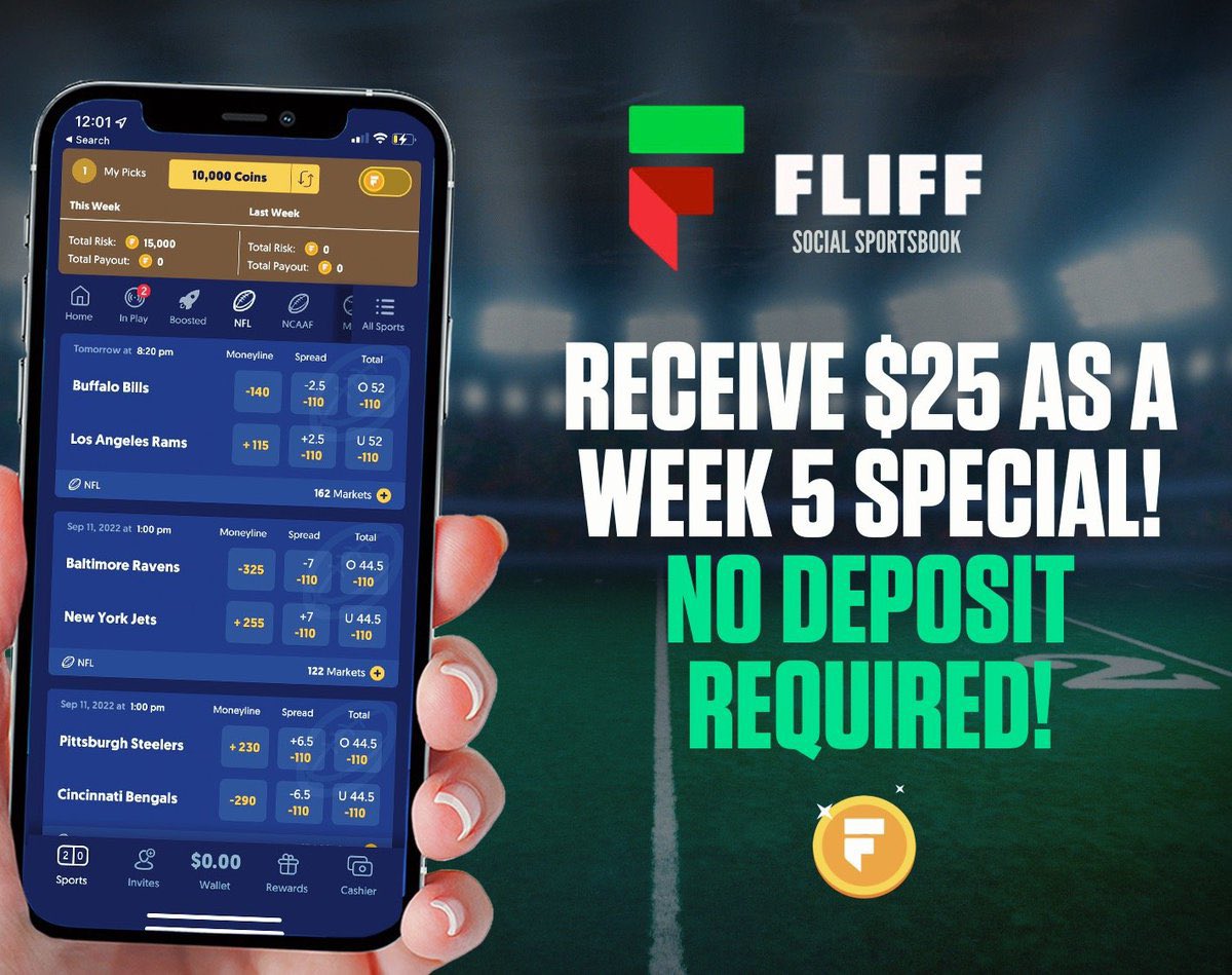 $25 WELCOME BONUS,  <a href="/Fliff/">Fliff</a> , NO DEPOSIT REQUIRED! 🏈  

Fliff Social Sportsbook is giving out $25 FREE FOR ANYONE who signs up as an NFL WEEK 5 Special! 🏆  

Sign up here using PROMO CODE “NFL25” fliff.app.link/cWqOLPyxYsb 📈  PROMO ENDS SOON! 🤝