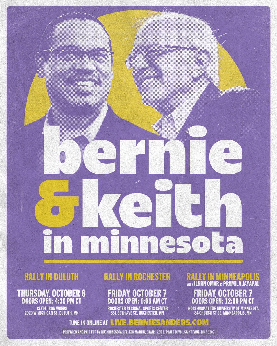 I am beyond excited to be joined TOMORROW by my friend <a href="/BernieSanders/">Bernie Sanders</a> in Duluth and ON FRIDAY in Rochester *and* Minneapolis. Cant wait to see you all there! RSVP at these links:

Duluth: 
act.berniesanders.com/signup/rsvp-be…

Roch: 
act.berniesanders.com/signup/rsvp-be…

MPLS: 
act.berniesanders.com/signup/rsvp-be…