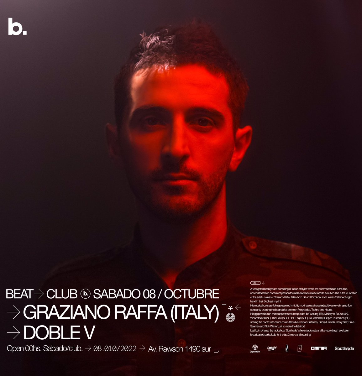 SÁBADO 8 DE OCTUBRE

Beat Club ✨

———————————-

𝙂𝙍𝘼𝙕𝙄𝘼𝙉𝙊 𝙍𝘼𝙁𝙁𝘼 (𝙎𝙐𝘿𝘽𝙀𝘼𝙏) 🇮🇹

𝘿𝙊𝘽𝙇𝙀 𝙑

———————————-

📍Av. Rawson 1490 (S)