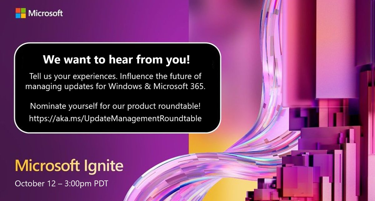 WindowsAtWork's tweet photo. Then, October 12th at 3:00pm PDT - #Windows &amp; #Microsoft365 Apps update management. How do you manage OS, app, and driver updates? What can we do with #WindowsUpdate for Business, #WindowsAutopatch, #ConnectedCache, and more to make it easier? https://t.co/POlgYFTbD9 https://t.co/GWa1CLeE3a